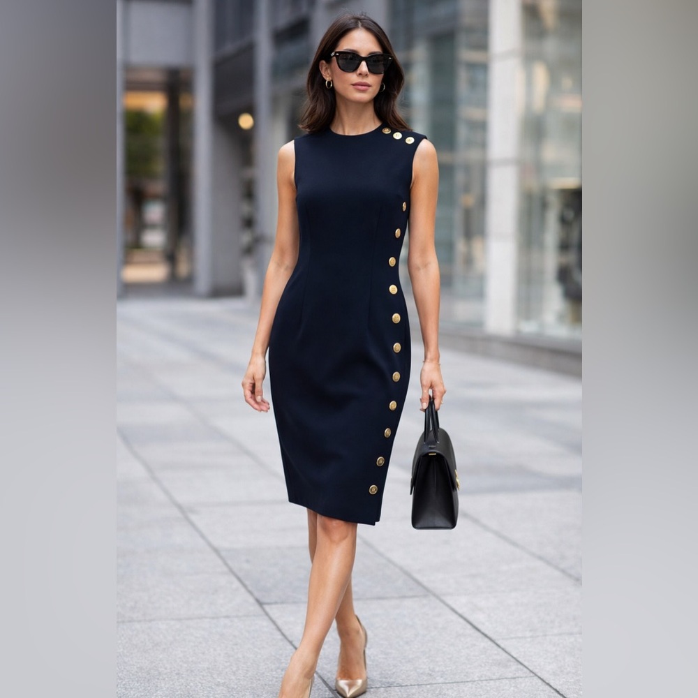 Doncaster Navy Sheath Dress with Gold Button Detail Size 4